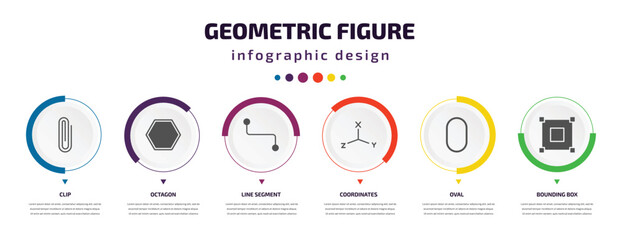 Poster - geometric figure infographic element with icons and 6 step or option. geometric figure icons such as clip, octagon, line segment, coordinates, oval, bounding box vector. can be used for banner, info
