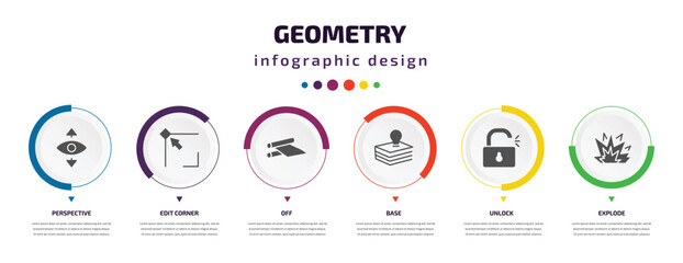 Poster - geometry infographic element with icons and 6 step or option. geometry icons such as perspective, edit corner, off, base, unlock, explode vector. can be used for banner, info graph, web,