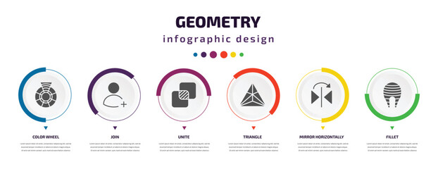 Poster - geometry infographic element with icons and 6 step or option. geometry icons such as color wheel, join, unite, triangle, mirror horizontally, fillet vector. can be used for banner, info graph, web,