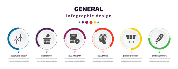 Poster - general infographic element with icons and 6 step or option. general icons such as renewable energy label, referendum, real time data, realization, shopping trolley, stationery knife vector. can be