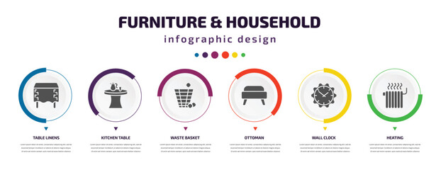 Aufkleber - furniture & household infographic element with icons and 6 step or option. furniture & household icons such as table linens, kitchen table, waste basket, ottoman, wall clock, heating vector. can be
