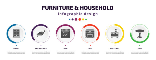 Wall Mural - furniture & household infographic element with icons and 6 step or option. furniture & household icons such as cabinet, fainting couch, oven, chest, night stand, table vector. can be used for