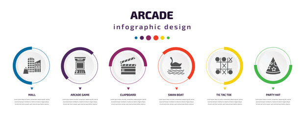 Poster - arcade infographic element with icons and 6 step or option. arcade icons such as mall, arcade game, clapboard, swan boat, tic tac toe, party hat vector. can be used for banner, info graph, web,