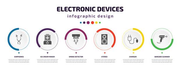 Aufkleber - electronic devices infographic element with icons and 6 step or option. electronic devices icons such as earphones, ice cream maker, smoke detector, stereo, charger, barcode scanner vector. can be