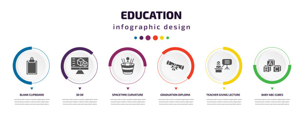 Poster - education infographic element with icons and 6 step or option. education icons such as blank clipboa