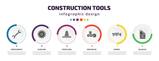 Poster - construction tools infographic element with icons and 6 step or option. construction tools icons such as repair wrench, blade saw, traffic cone, road roller, dumper, gallon oil vector. can be used
