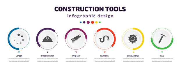 Poster - construction tools infographic element with icons and 6 step or option. construction tools icons such as loader, safety helmet, hand saw, plumbing, circular saw, nail vector. can be used for banner,