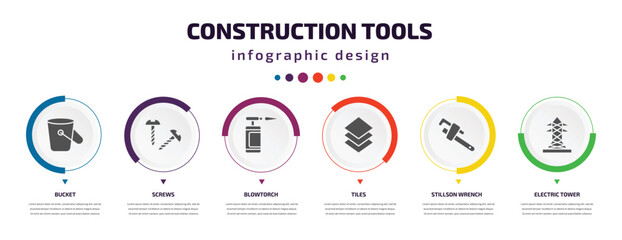 Poster - construction tools infographic element with icons and 6 step or option. construction tools icons such as bucket, screws, blowtorch, tiles, stillson wrench, electric tower vector. can be used for