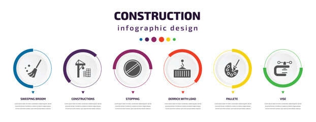 Poster - construction infographic element with icons and 6 step or option. construction icons such as sweeping broom, constructions, stopping, derrick with load, pallete, vise vector. can be used for banner,
