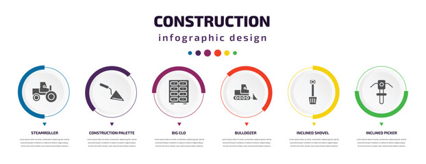 Poster - construction infographic element with icons and 6 step or option. construction icons such as steamro