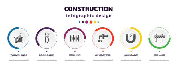 Poster - construction infographic element with icons and 6 step or option. construction icons such as stairs 