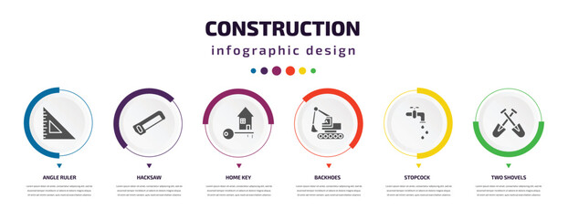Poster - construction infographic element with icons and 6 step or option. construction icons such as angle ruler, hacksaw, home key, backhoes, stopcock, two shovels vector. can be used for banner, info