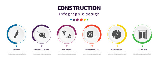 Poster - construction infographic element with icons and 6 step or option. construction icons such as clippers, construction plan, two screws, five meters ruler, round wrench, doors open vector. can be used