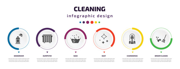 Poster - cleaning infographic element with icons and 6 step or option. cleaning icons such as deodorizer, dum