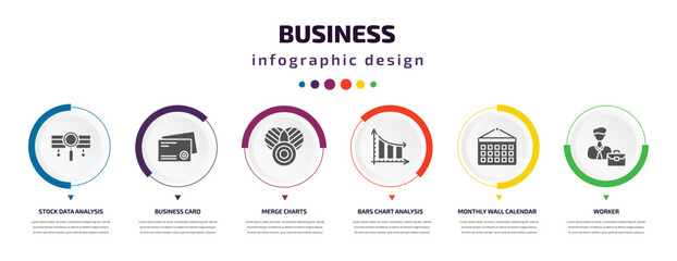 Poster - business infographic element with icons and 6 step or option. business icons such as stock data analysis, business card, merge charts, bars chart analysis, monthly wall calendar, worker vector. can