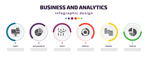 Poster - business and analytics infographic element with icons and 6 step or option. business and analytics icons such as gadget, data analysis pie chart, charts, graph pie, spending, chart pie vector. can