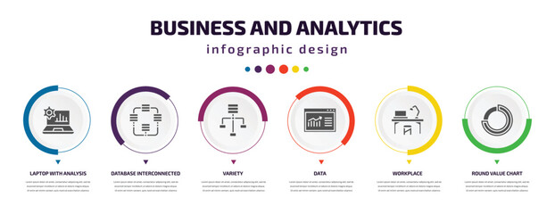 Poster - business and analytics infographic element with icons and 6 step or option. business and analytics icons such as laptop with analysis, database interconnected, variety, data, workplace, round value