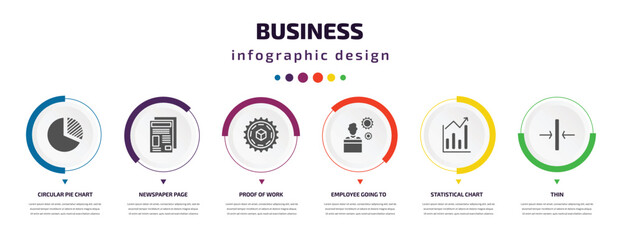 Poster - business infographic element with icons and 6 step or option. business icons such as circular pie ch