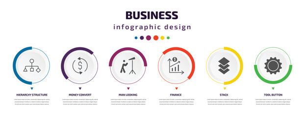 Poster - business infographic element with icons and 6 step or option. business icons such as hierarchy structure, money convert, man looking, finance, stack, tool button vector. can be used for banner, info