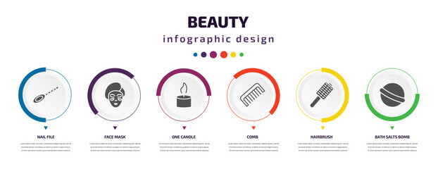 Poster - beauty infographic element with icons and 6 step or option. beauty icons such as nail file, face mask, one candle, comb, hairbrush, bath salts bomb vector. can be used for banner, info graph, web,