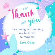 Birthday Thank You Tag. Cute Party Favor Card Background Decorated With Of Mermaid Tail. Vector 10 EPS.