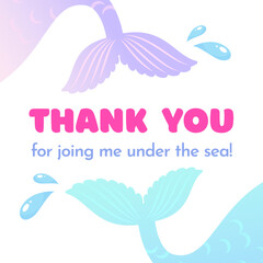 Wall Mural - Birthday Thank you tag. Cute party favor card background decorated with of mermaid tail. Vector 10 EPS.
