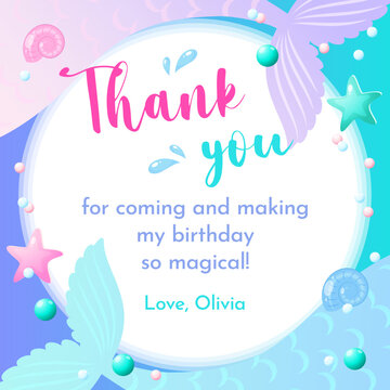 birthday thank you tag. cute party favor card background decorated with of mermaid tail. vector 10 e