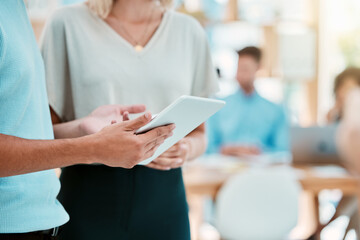 Aufkleber - Business, tablet and manager with worker planning, organising or networking on digital device. Teamwork collaboration, man and woman working together for tech project, meeting or communication online