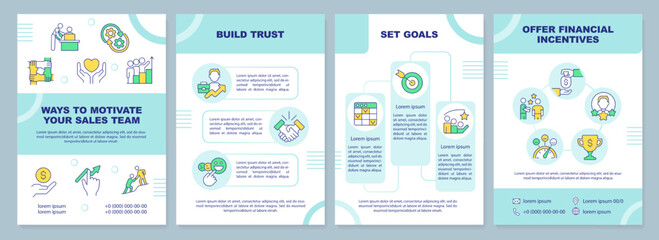 Motivate sales team turquoise brochure template. Engagement. Leaflet design with linear icons. Editable 4 vector layouts for presentation, annual reports. Arial-Black, Myriad Pro-Regular fonts used