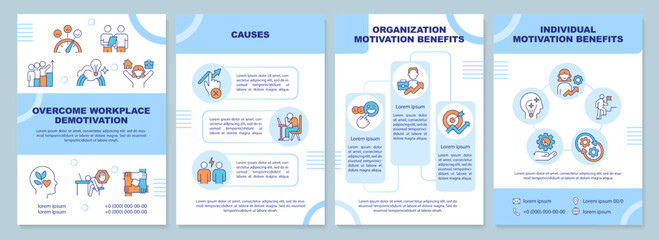 Overcome workplace demotivation blue brochure template. HR. Leaflet design with linear icons. Editable 4 vector layouts for presentation, annual reports. Arial-Black, Myriad Pro-Regular fonts used