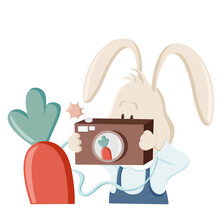 24 / 25 Cute Bunny Makes Photo Of Carrot With Old Fashioned Camera.  Christmas, New Year And Easter Coloured Vector Illustration. Collection Of Rabbits In Cartoon Style. Humour