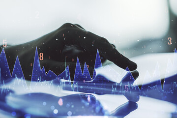 Poster - Abstract creative stats data concept with finger clicks on a digital tablet on background. Multiexposure
