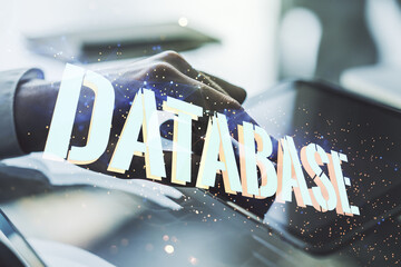 Aufkleber - Double exposure of creative Database word hologram and finger clicks on a digital tablet on background, research and development concept