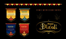 Happy Diwali Festival Golden Scroll, Diwali Holiday Background With Rangoli, Diwali Celebration Greeting Card, Diwali Banner Vector.