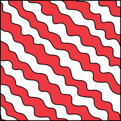 Wall Mural - Vector abstract red and white illustration with black outline in vintage 70s style. Striped geometrical background with hand drawn diagonal  waves for Christmas and New year decoration.