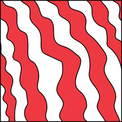 Wall Mural - Vector abstract red and white illustration with black outline in retro 60s style. Striped geometrical background with hand drawn waves for Christmas and New year decoration.