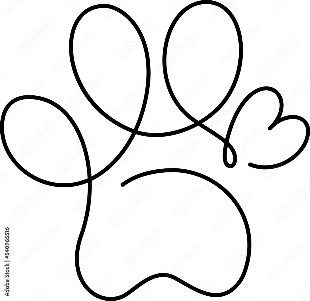 Heart with cat or dog paw in continuous one line drawing logo. Minimal ...