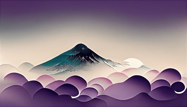 Wall Mural -  - Purple sea of clouds and mountains, background design of detailed graphic elements with abstract, elegant and high-class details with fine details like a picture on a folding screen