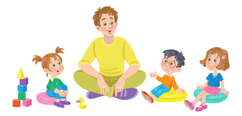 Sticker - Happy family. Father and children are sitting and talking.  In cartoon style. Isolated on white background. Vector flat illustration