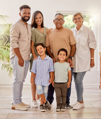 Poster - Happy family portrait with kids, parents and grandparents with smile standing in brazil home. Happiness, family and generations of men, women and children spending time together making fun memories.