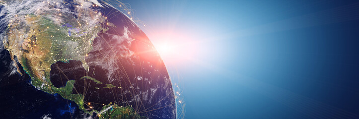 Globalization and communication concept. Earth and luminous rays. 3d rendering