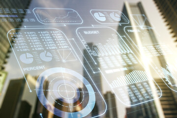 Aufkleber - Abstract virtual stats data hologram on office buildings background. Multiexposure