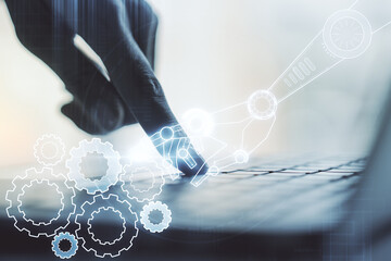 Aufkleber - Double exposure of robotics technology hologram and hands typing on laptop on background. Research and development software concept