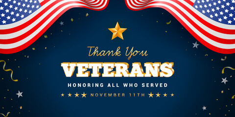 Wall Mural - Thank you Veterans - Honoring all who served banner vector illustration. USA flag waving with gold confetti on navy blue background..