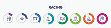 Infographic Element With Racing Outline Icons. Included Shin, Hang Gliding, Hurdle, Boxing Shoe, Telemetry, Karateka, Horsewoman, Victory Lap Vector.