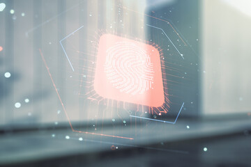 Poster - Multi exposure of virtual fingerprint scan interface on contemporary business center exterior background, digital access concept