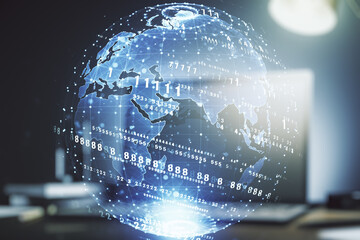 Poster - Abstract creative coding concept with world map on modern laptop background. Multiexposure