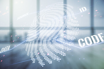 Aufkleber - Multi exposure of virtual graphic fingerprint sketch on empty classroom background, fingerprint scan data concept
