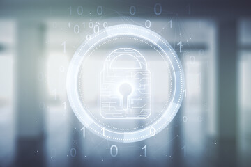 Poster - Double exposure of virtual creative lock hologram with chip on empty modern office background. Information security concept