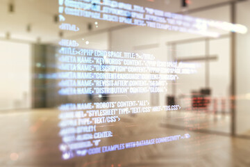 Poster - Abstract virtual coding illustration on a modern furnished classroom background, software development concept. Multiexposure
